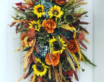 Sunflower Fall Door Swag, Autumn Floral Wreath, UCreateWithStyle