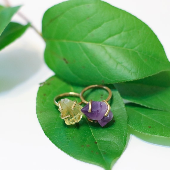 One piece Raw Amethyst ring, Citrine ring with adjustable brass band