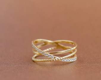 14k solid gold triple band ring with moissanite stones | stacking ring | Statement fine jewelry | multiple band ring | moissanite ring