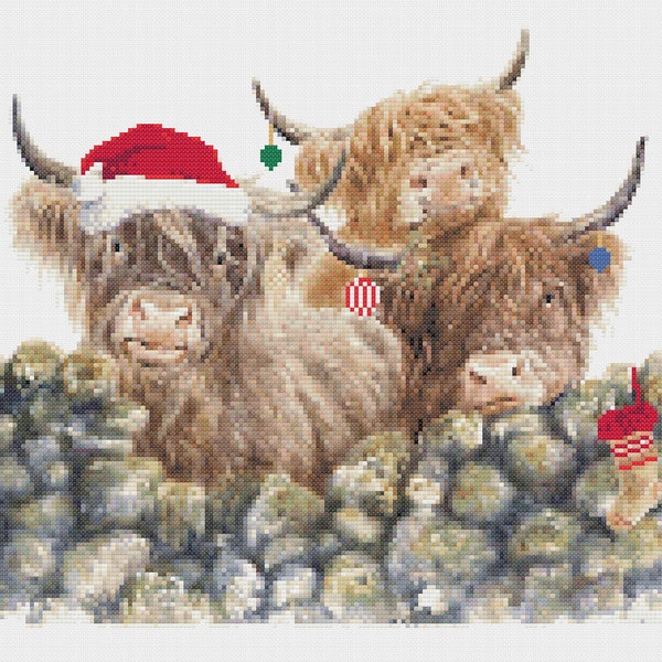 Kit de point de croix compté vaches des Highlands - Village Gossip (champ et fourrure) édition de Noël