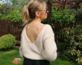 Women Alpaca Sweater Ecru Knitted Hand made