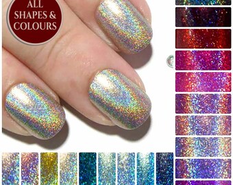 Square Fake Nails Holographic False Nails Short Press On Etsy