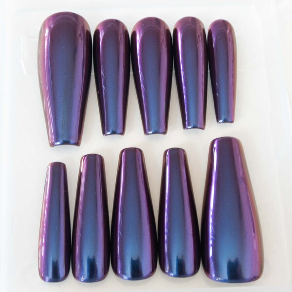 Blue Purple Chameleon Chrome Press On Nails