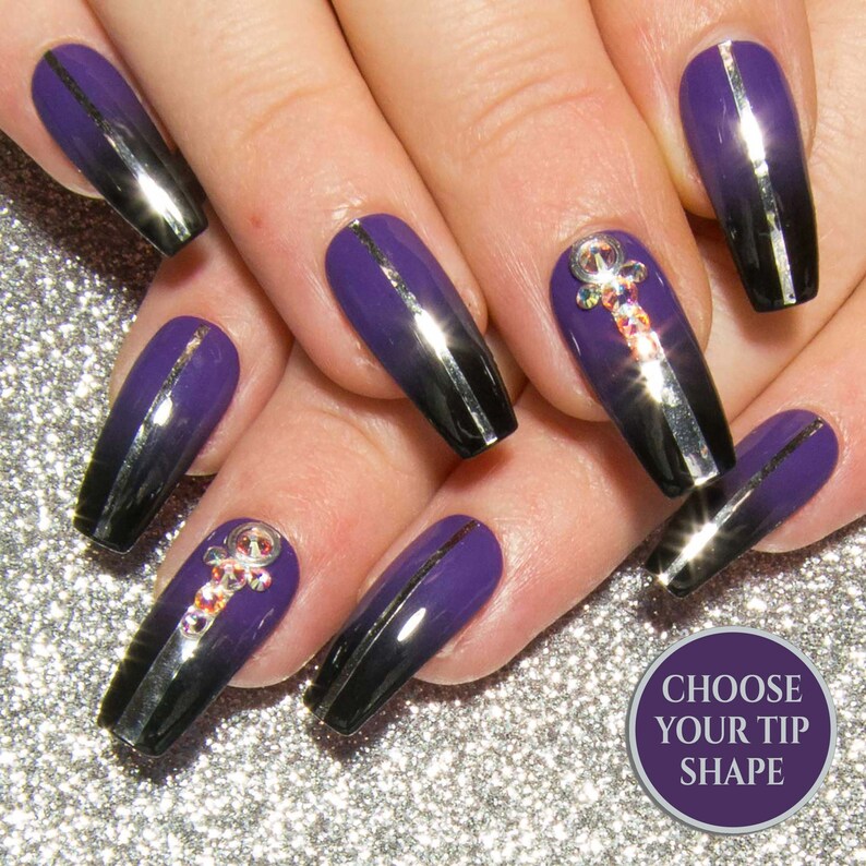Ombre Press On Nails , Purple and Black , Coffin Fake Nails , False Nails with Swarovski , Coffin ~ Ballerina ~ Stiletto ~ Square ~ Oval