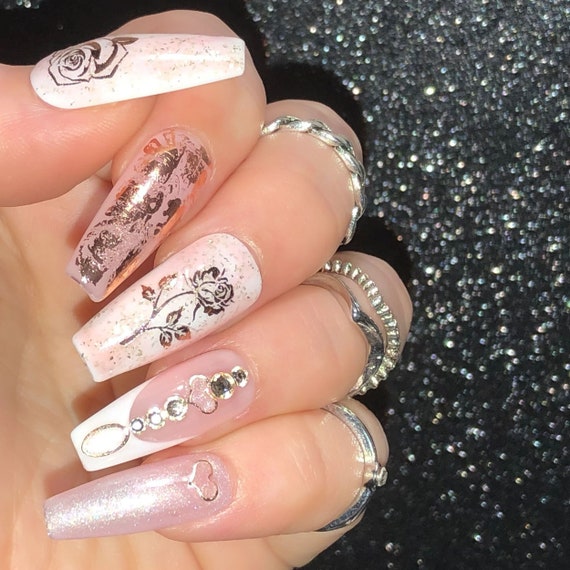 Long coffin nude gold black lace crystals press on nail set