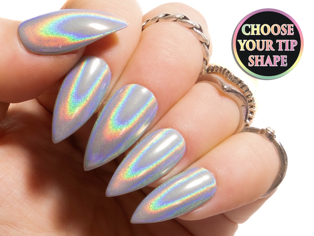 Holographic Chrome Nails Stiletto Acrylic Nails Mirror Gel - Etsy
