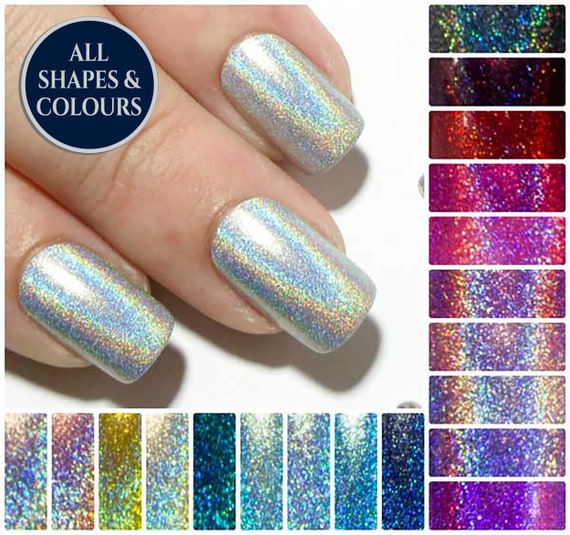 Square Fake Nails , Holographic False Nails , Short Press On Nails , Petite Artificial Nails , Holo Acrylic Nails , Faux Nail Set