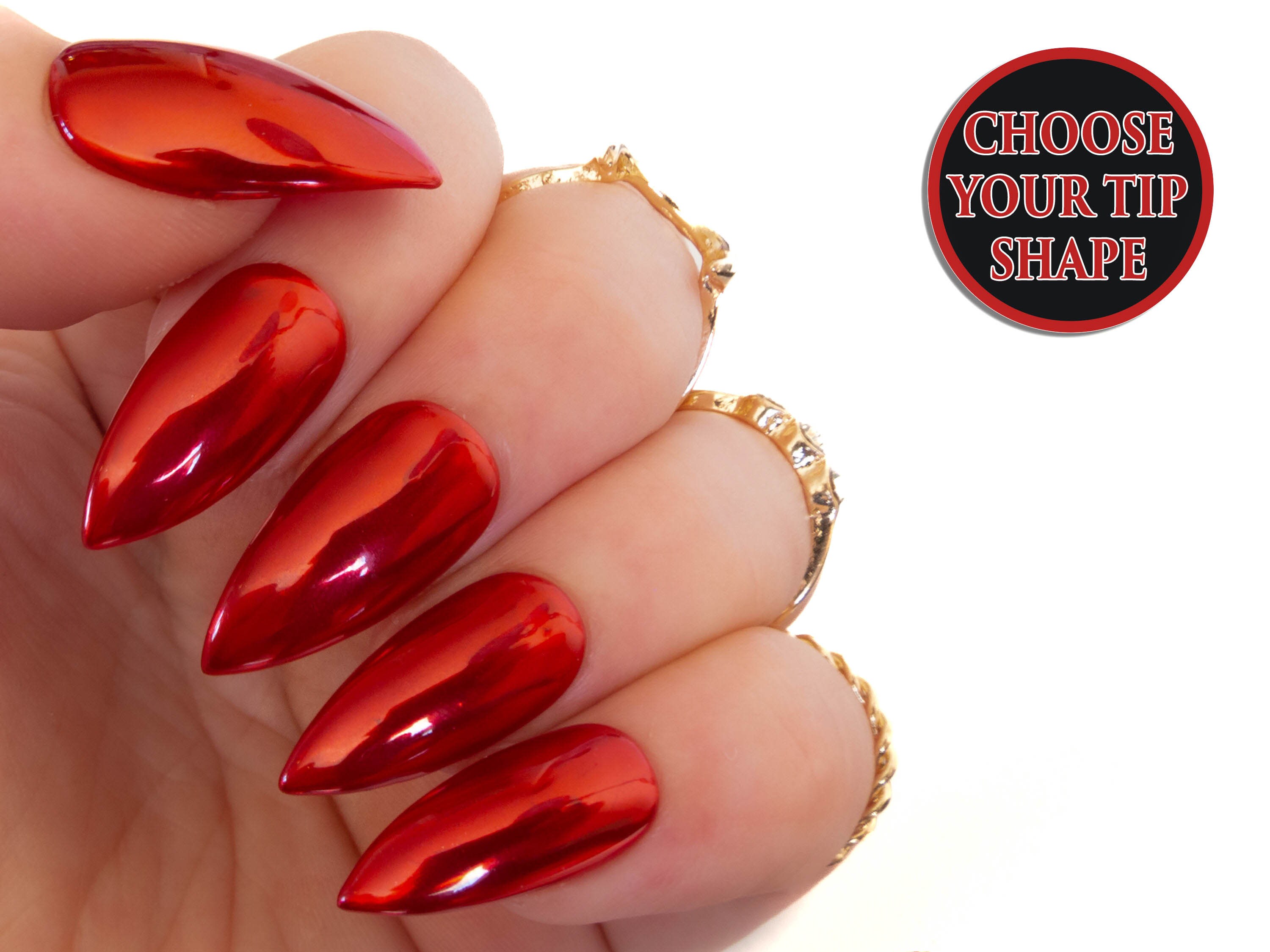 Red Chrome Nails Stiletto Fake Nails - Etsy Red Chrome Nails Stiletto Fake Nails - Etsy