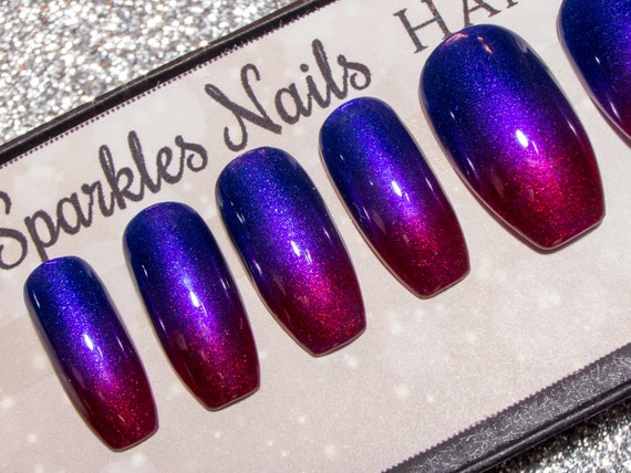 Coffin Press On Nails Ombre Fake Nails Ballerina False Nails Kunstliche Nagel Mit Designs Handgemalte Blaue Red Purple Gel Nails