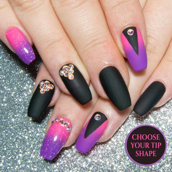 Matte Fake Nails Faux Nails With Designs Crystal Coffin Etsy Matte Fake Nails Faux Nails With Designs Crystal Coffin Etsy