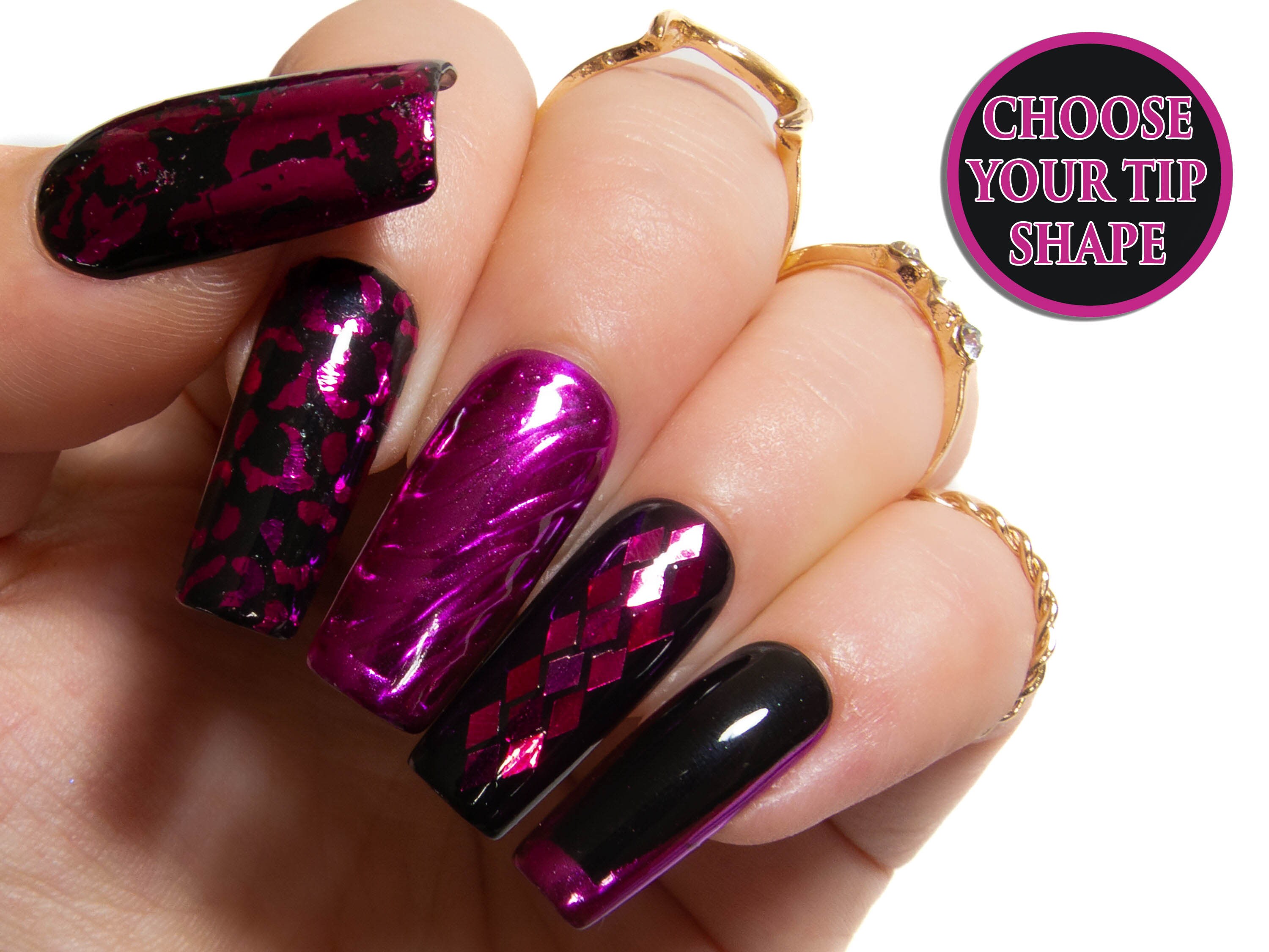 Hot Pink & Black 3D Press on Nails Chrome Nail Art Fake - Etsy Finland