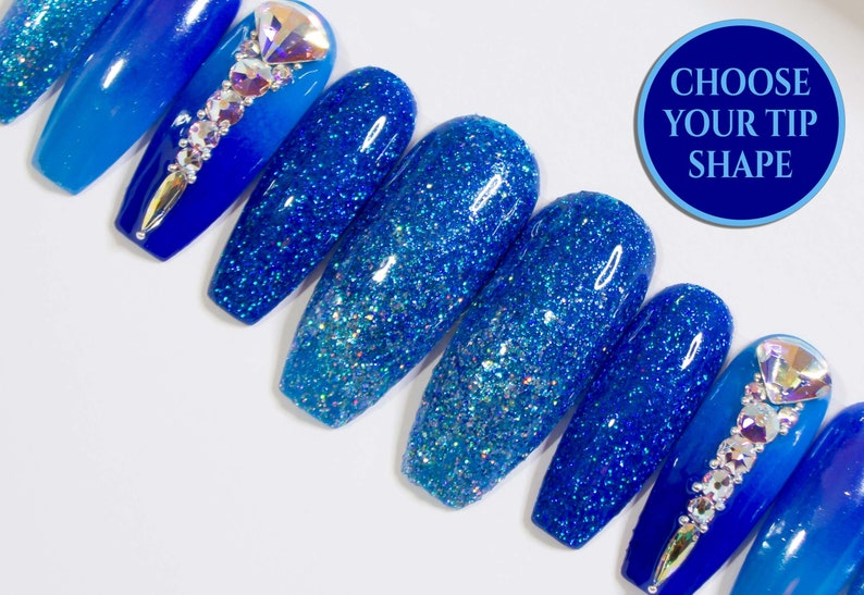 Ombre Nails Blue Press On Nails Swarovski Nails Coffin Etsy