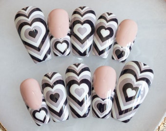 Monochrome Heart Press On French Tip Nails