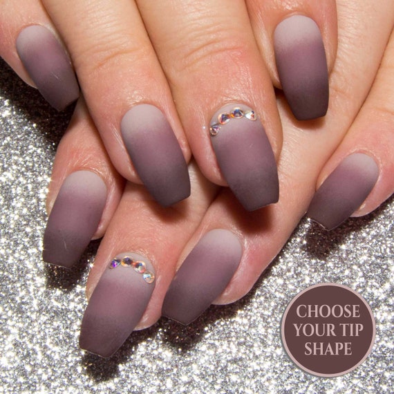 Ombre Fake Nails Matte Nude False Nails Coffin Nails Crystal Ballerina Press On Nails Bling Acrylic Nails Short Glue On Nail Set