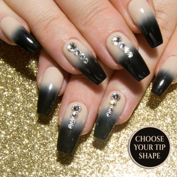 Coffin Acrylic Nails Ombre Press On Nails Black And Nude Nails Nail Art Fake Nails Beige False Nails Crystal Artificial Nails