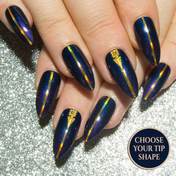 Almond False Nails Gothic Press On Nails Blue Fake Nails Purple Acrylic Nails Gloss Artificial Nails Ombre Glue On Nails