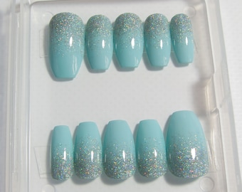 Baby Blue Press On Nails | Holographic Glitter Ombre Fake Nails