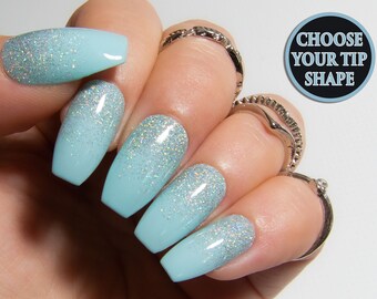 Baby Blue Press On Nails Holographic Glitter Ombre Fake Etsy