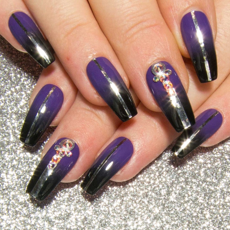 Long Coffin Nails Purple Fake Nails Press On Nails Etsy