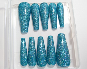 False Nails - Holographic Glitter - Fake Nails - Press on Nails - XL Coffin Nails - Artificial Nails - Mermaid Nails