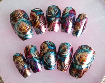 Metallic Rainbow Rose Nails