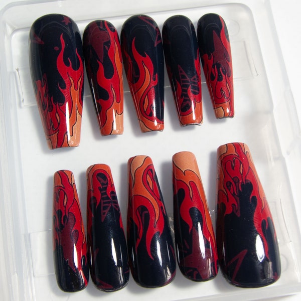 Gothic Press On Nails - Fire False Nails - Hell Theme Fake Nails - Flame Nail Art -  Black and Red Nails