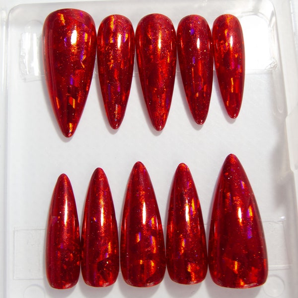 Red Press On Nails | Holographic False Nails | Christmas Nails