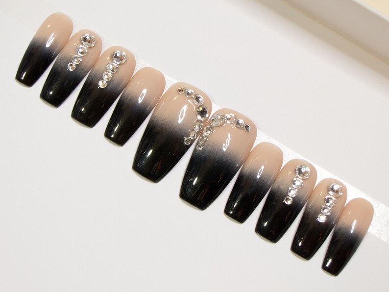 Coffin Acrylic Nails Ombre Press On Nails Black And Nude Etsy