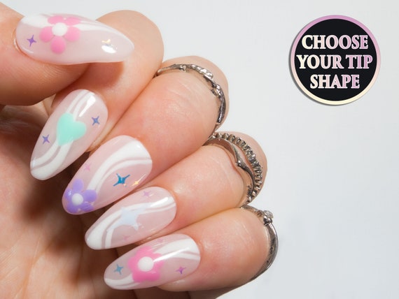 Short Almond Nails Swirl Press On Nails Cute Fake Nails Etsy Uk