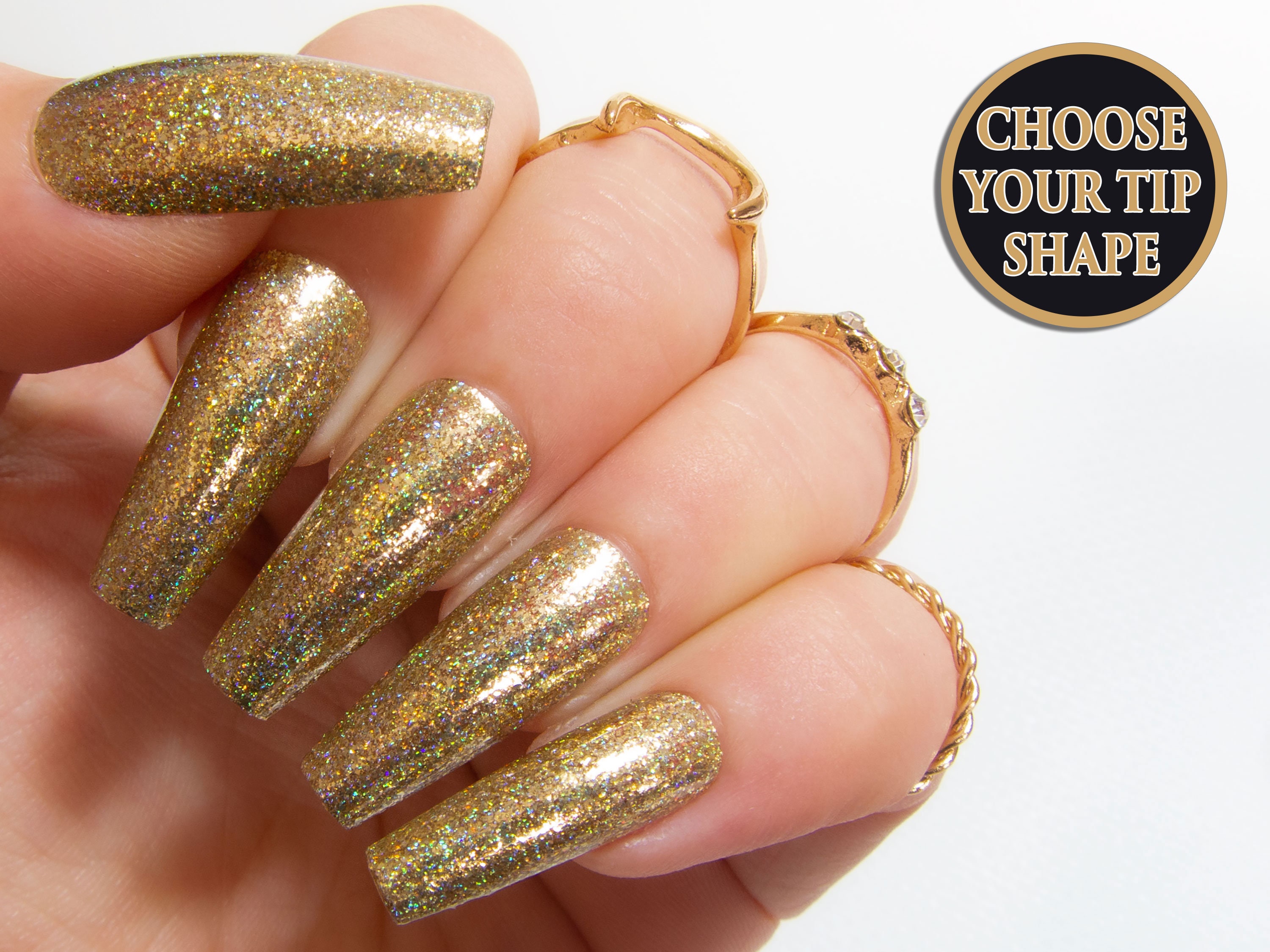 Light Gold Chrome Sparkle Fake Nails Glitter Holo Press on - Etsy