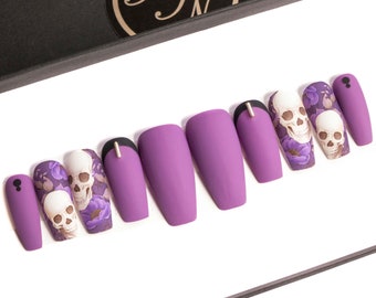 Gothic Purple Floral Skull False Nails | Matte Halloween Press On Nails