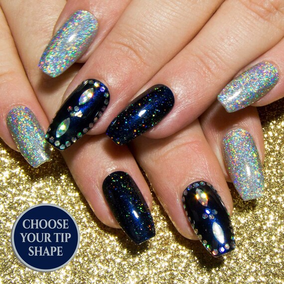 Glitter Fake Nails , Holographic Nails , Nail Art Acrylic Nails , Coffin Press On Nails , Sparkly False Nails , Short Nails , Blue \u0026 Silver