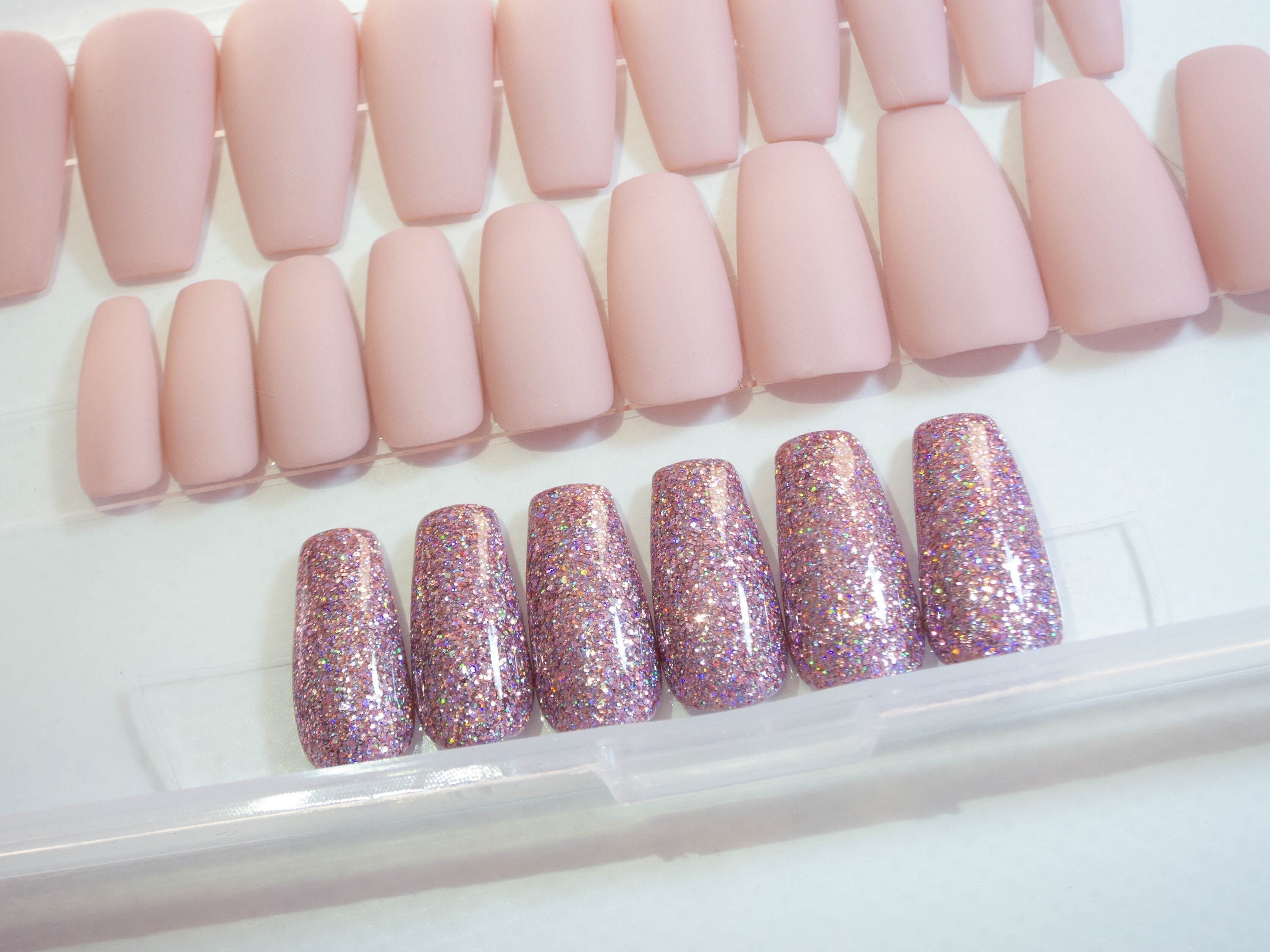 Matte Pink Nails Long Coffin Nails Simple Nail Sets Nude Pink Nails Glue on False Nails Glitter Accent Nails Ready to Ship Etsy Australia