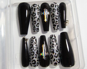 Gothic Press On Nails - Black Fake Nails - Leopard Print Nails - Cross Nails - Reusable Nails - Holographic Glitter Nails - Pierced Nails