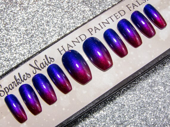 Coffin Press On Nails Ombre Fake Nails Ballerina False Nails Kunstliche Nagel Mit Designs Handgemalte Blaue Red Purple Gel Nails