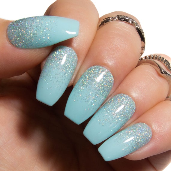 Baby Blue Press on Nails Holographic Glitter Ombre Fake Nails