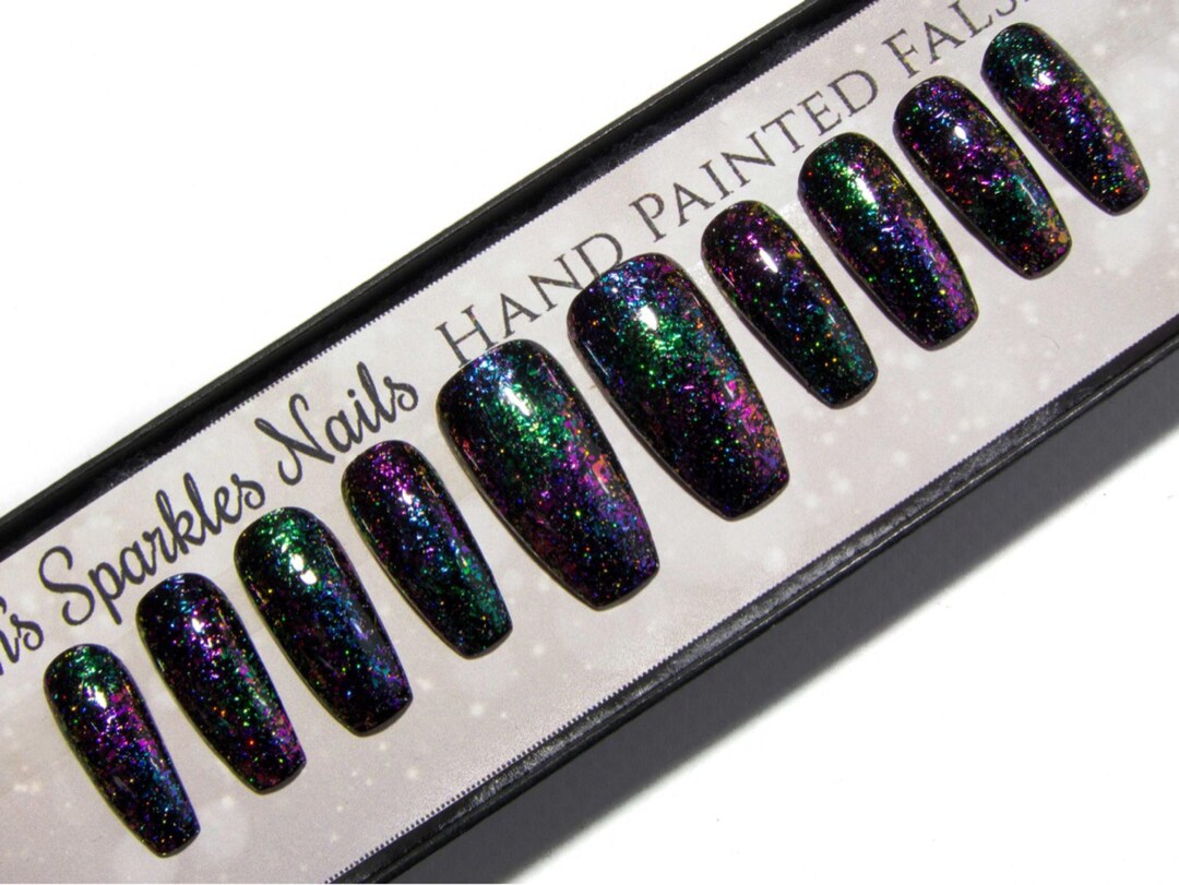 Long Coffin Nails Galaxy False Nails Multichrome Press on - Etsy