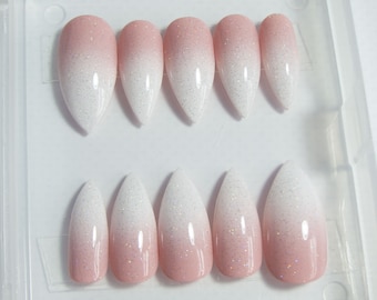 Baby Boomer Nails - Ombre Nails - Pink & White Press On Nails - Glitter Fake Nails