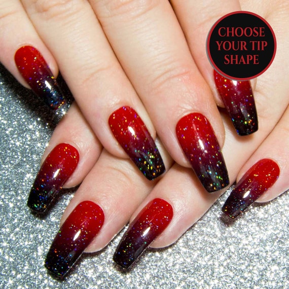 Ombre Nails Coffin Press On Nails Long False Nails Dark Nails Gothic Fake Nails Faux Nail Set Red Black Acrylic Nails