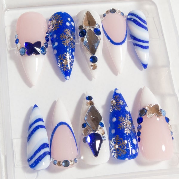 Winter Nails - Bling False Nails - French Manicure Nails - 3D Nails - Snowflake Nails - Christmas Nails - Long Stiletto Nails - Press Ons