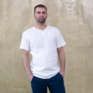 Linen shirt with short sleeves, white shirt for summer.