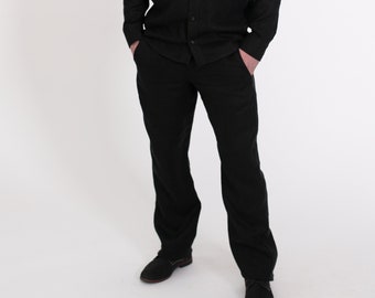 Black linen men's trousers, comfortable pants with elastic waist.