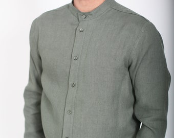 Khaki green color linen classic handmade men's shirt.