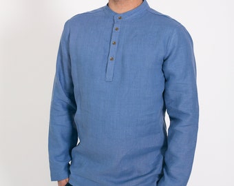 Blue gray men's linen shirt.