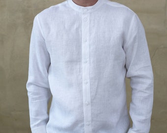 White linen classic handmade men's shirt