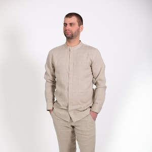 Natural linen classic handmade men's shirt image 1