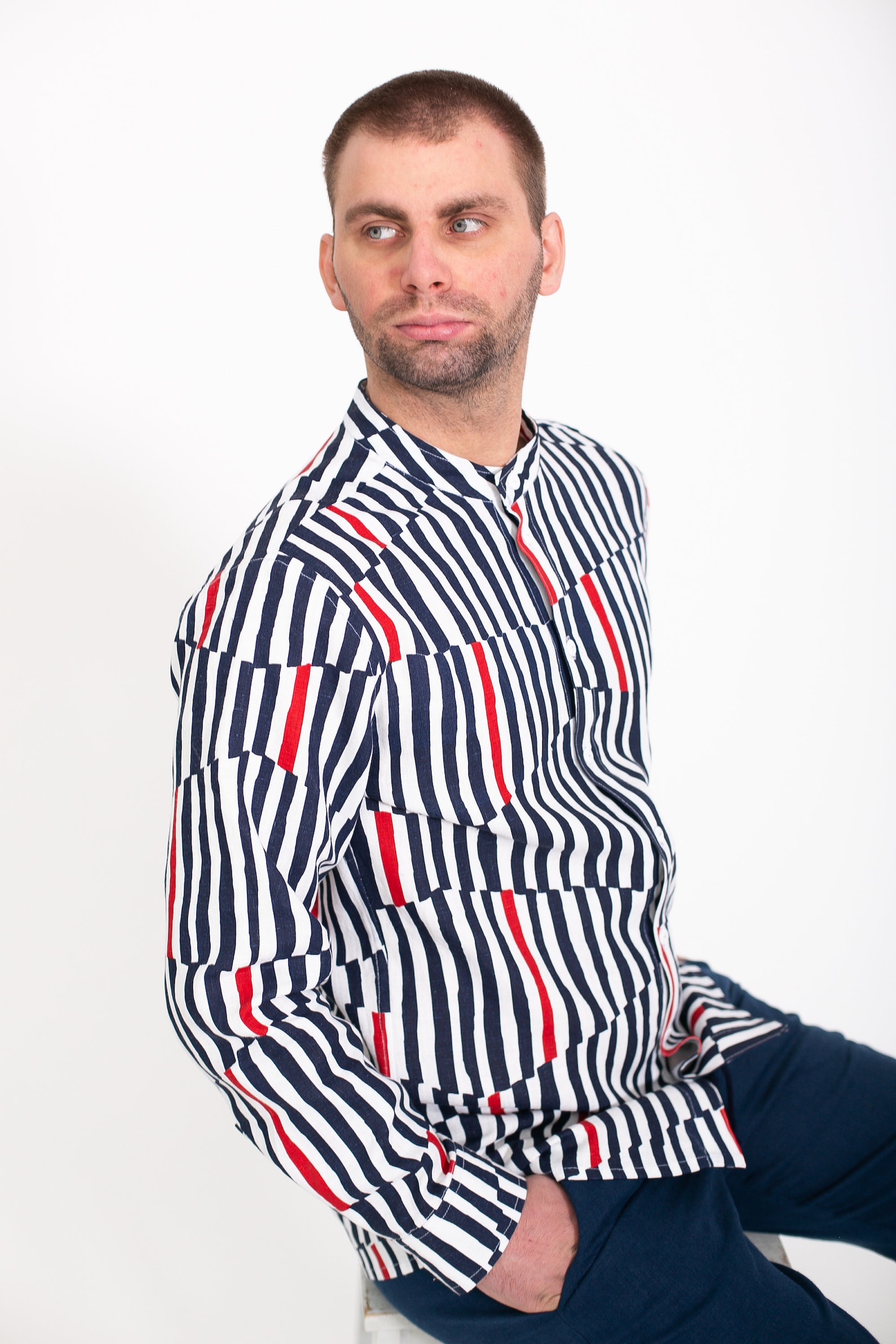 Dark Blue and Red Print Linen Classic Handmade Men's Shirt - Etsy