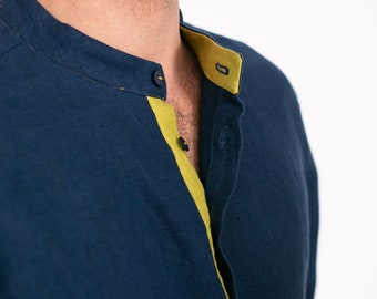 Dark blue with green linen men's shirt.