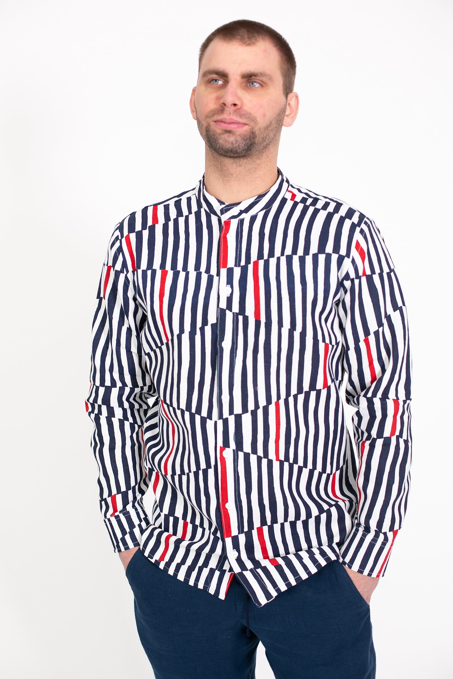 Dark Blue and Red Print Linen Classic Handmade Men's Shirt Etsy