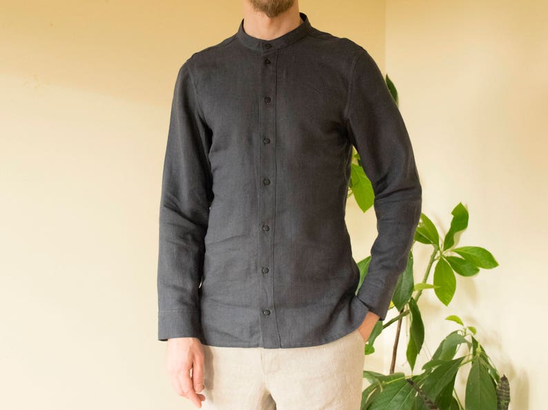 Dark grey color linen classic handmade men's shirt Etsy